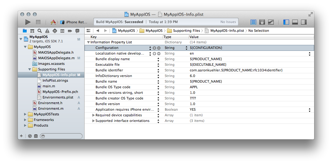 The Xcode Information Property List editor for MyAppIOS-Info.plist, showing keys and values such as the Bundle identifier built from com.aaronkuehler and the product name.