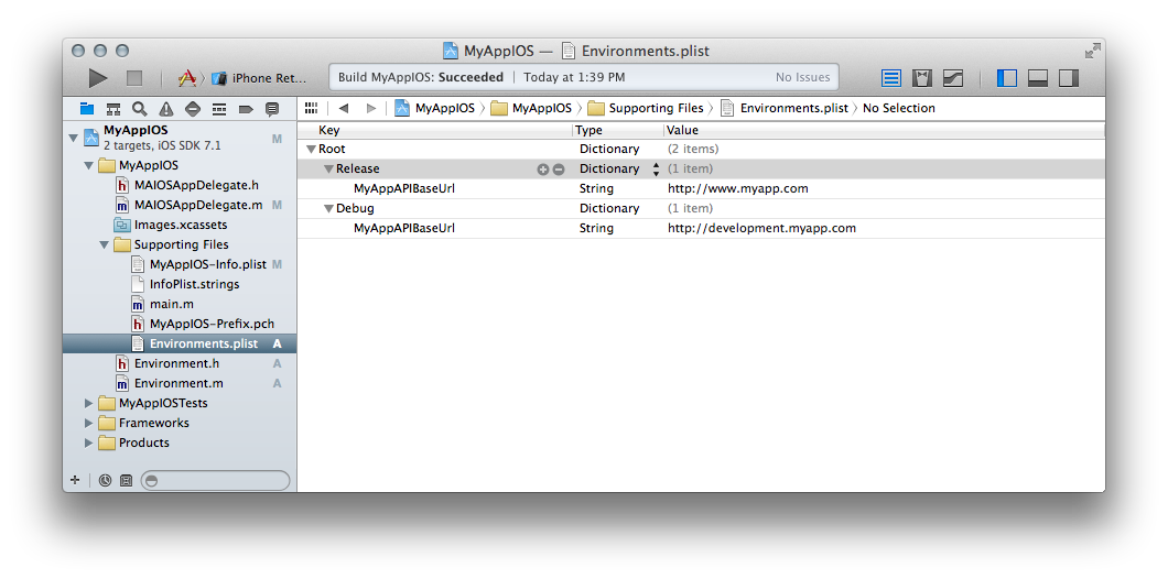 The Xcode property list editor showing a custom Environments.plist: a Root dictionary containing Release and Debug dictionaries, each defining a MyAppAPIBaseUrl string, with a production URL for Release and a development URL for Debug.