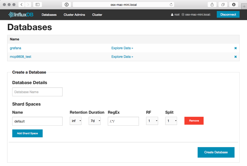 The InfluxDB web console Databases page, listing the grafana and mcp9808_test databases above a Create a Database form.