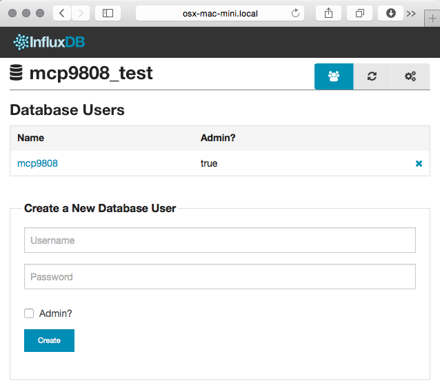 The InfluxDB console for the mcp9808_test database, showing an admin user named mcp9808 above a Create a New Database User form.
